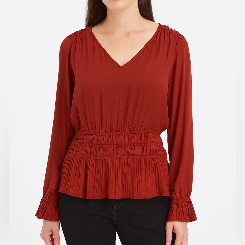 Philosophy Clothing Rust Peplum Blouse Women’s M NWT Long Sleeve Pleated Hem